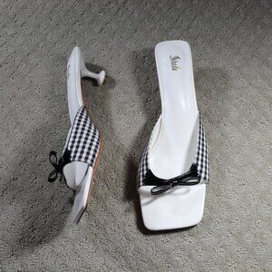 Sheln Women's 11 Black White Check Open Toe Kitten Heels